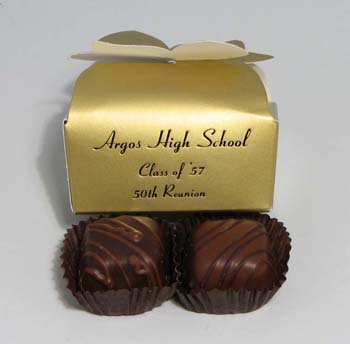 Caramels | 2-piece box - Rich caramel, with a trace of vanilla, covered with pure milk or dark chocolate.  Two-piece box personalized with your choice of message.